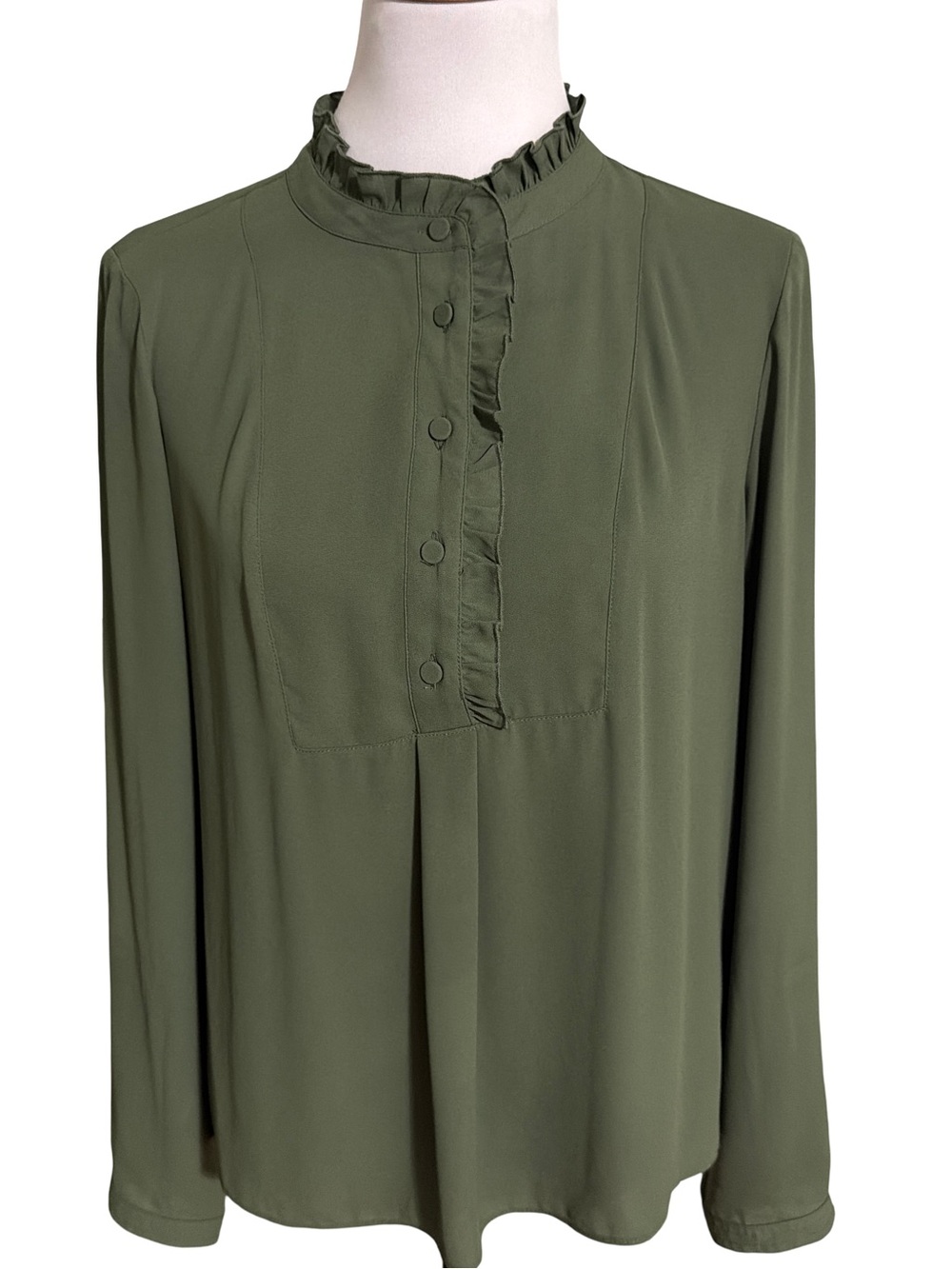 J. Crew Olive Ruffled Placket Long-Sleeve Blouse